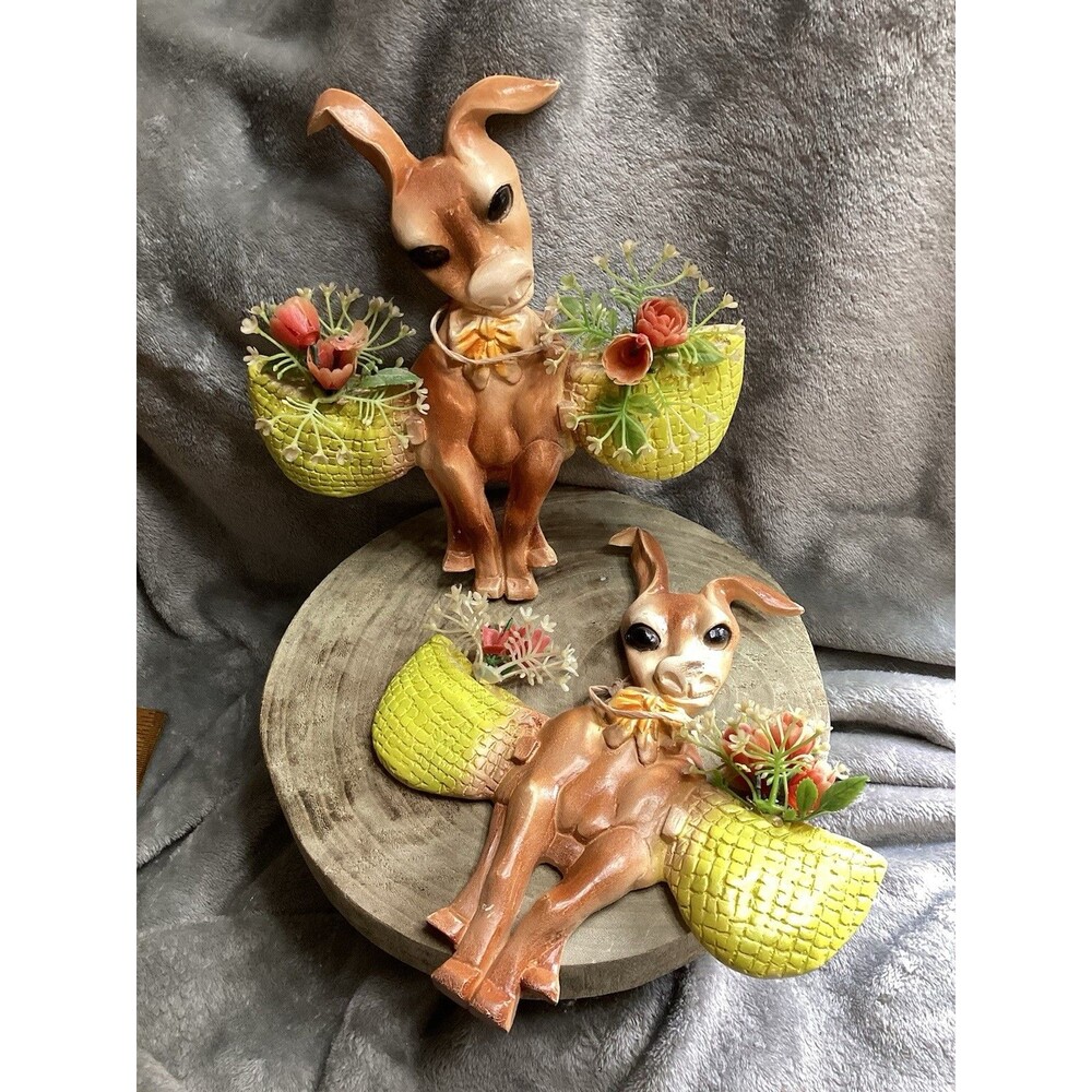 Vintage Chalkware Comical Donkey Wall Hanging Flower Pocket Vase Set Of Two